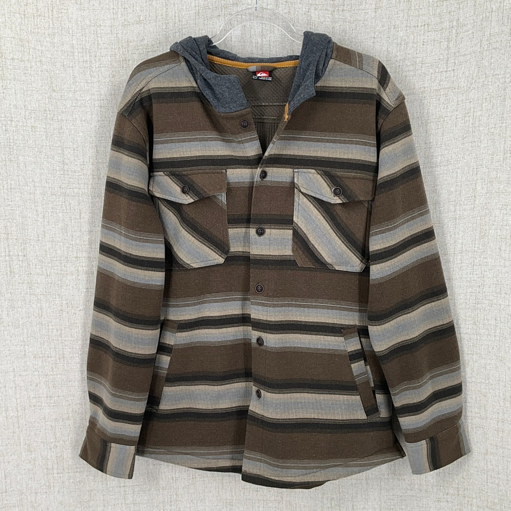 Quiksilver‎ Hooded Button Down Shirt Mens M Brown Striped Knit Shacket Jacket